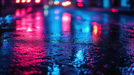 Vibrant city reflections capturing the allure of a rain-soaked evening