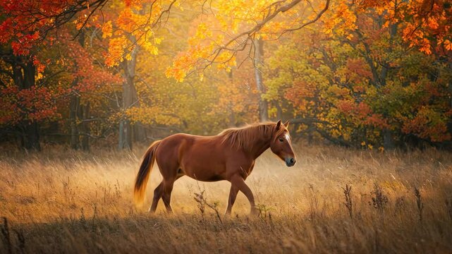 Lone horse grazing in golden autumn forest with warm light