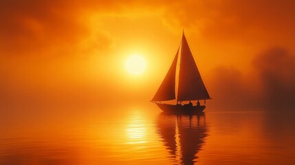 Sailboat silhouetted against a bright orange sunset, reflecting on calm water, creating a peaceful scene
