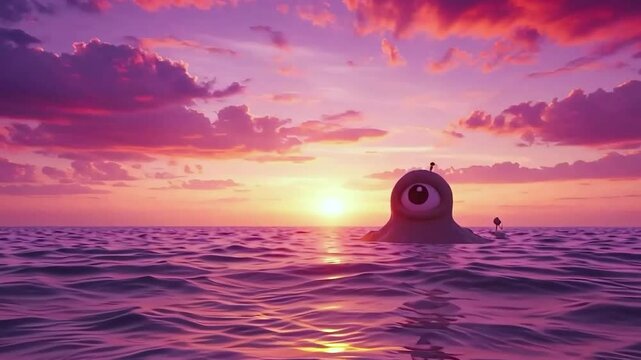 Surreal Cyclops Monster in Ocean at Sunset