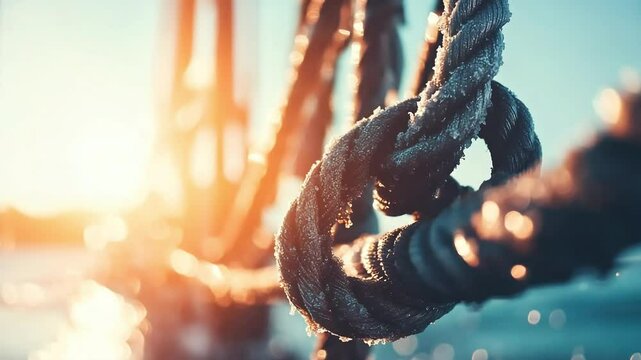 Close-up of a weathered rope, possibly on a boat or dock, suggesting themes of maritime or sailing. The rope is textured, and sunlight casts highlights. Day of the Seafarer