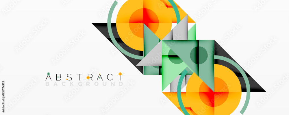 Poster modern geometric design. overlapping shapes create vibrant, dynamic composition. orange, teal, gray 