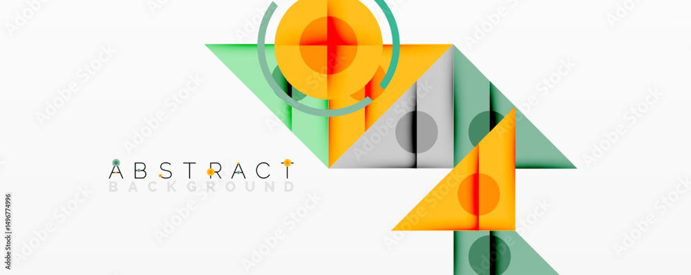 Poster geometric shapes overlap, creating vibrant abstract background. colors include orange, green, gray, 