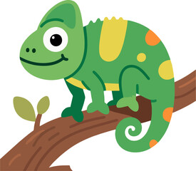 Cute Vector Chameleon on Tree Branch – Flat Style Cartoon Lizard Illustration for Kids and Nature Themes