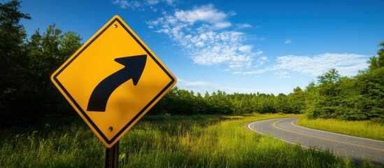 Curve warning sign on a winding rural road under a bright blue sky indicates caution