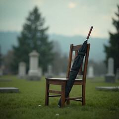 Single chair with black umbrella in somber mood symbolizing absence and remembrance in cemetery under cloudy sky with minimal elements