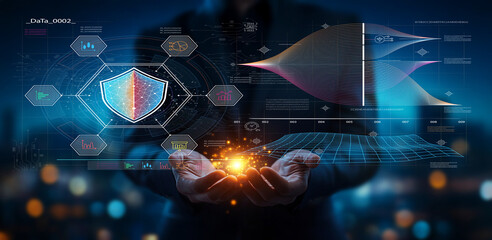 Obraz premium Digital Security Concepts and Data Protection Visualization with Futuristic Interface Analyzing Cybersecurity Trends and Analytics Insights