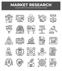 Collection of Market Research Icons: 25 Essential Line Graphics for Business