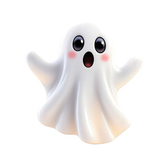 A cute white ghost with big eyes and pink cheeks on a black background