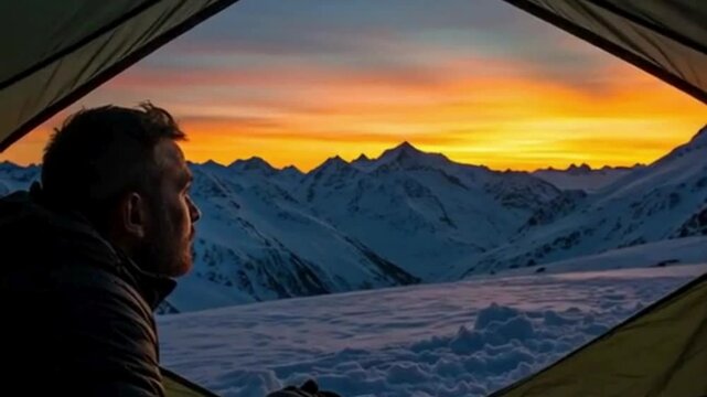 camping in the mountains man see outside Vibrant Sunset from Snowy Mountain Tent. 4k video