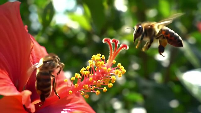 Bee Pollinating Flowers in a Sunny Garden Close-Up Nature