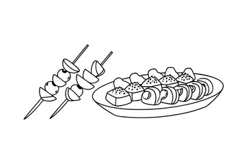 Outline Illustration Of Skewers And A Platter Of Appetizers Food Art