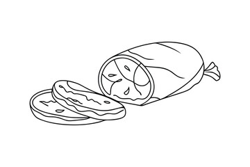 Black And White Outline Drawing Of A Sliced Sausage Illustration Style Isolated