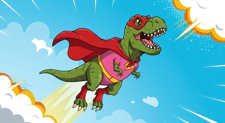 Obraz premium Superhero dinosaur soaring through the sky with explosion and clouds