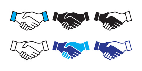 Set of handshake icons in diverse colors and styles, representing concepts of agreement, collaboration, and partnership for various purposes, such as business, networking, or teamwork.