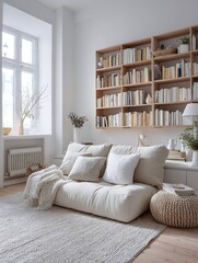 Obraz premium Cozy living room featuring a minimalist sofa, bookshelves filled with books, and natural light