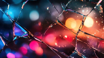 Colorful bokeh lights are reflected in the shards of fractured transparent material