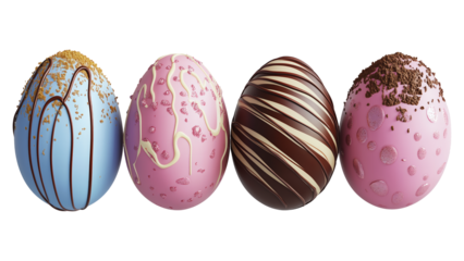 Luxurious chocolate Easter eggs pastel and dark chocolate coatings adorned with frosting, pearls, and sprinkles, isolated on white transparent background