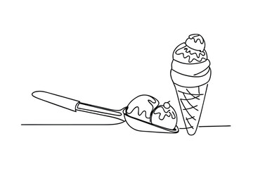 Ice Cream Cone And Spoon With Scoops One Line Drawing Vector Illustration