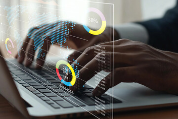 Modern businessman analyzing data on laptop with glowing graphs and charts representing global...