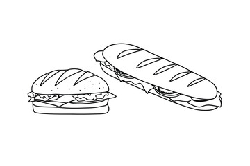 Black And White Line Art Of Burger And Sandwich Illustrations