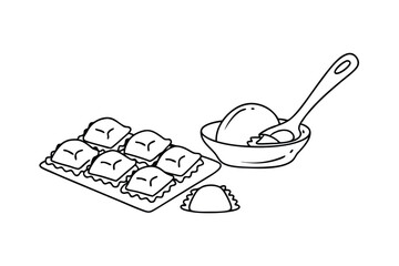 Cartoon Ravioli With Cream Sauce And Spoon Black And White Illustration