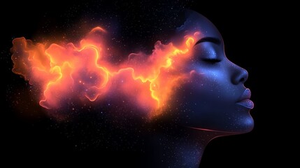 Mind's Inferno: A vibrant visual representation of inner turmoil and complex thoughts, with a woman's silhouette framing a burning cloud