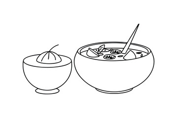 Outlined Drawing Of Soup Bowl With Spoon And Dessert Bowl Illustration
