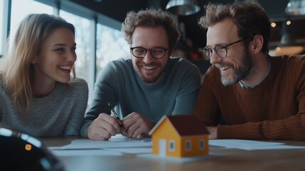Three people smiling at a table, examining house model and documents