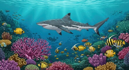 Fototapeta premium Colorful coral reef with shark and fish, underwater marine life scene