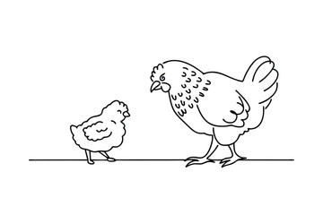 Minimalist Line Art Illustration Of Chicken And Chick Standing Together On White Background