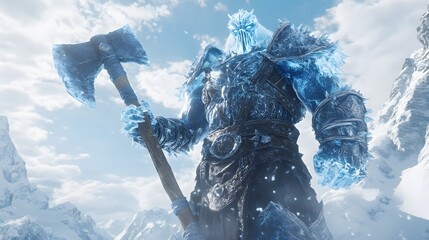 Towering frost giant covered in frost armor and icicles, holding a gigantic axe in a snow-covered mountain range