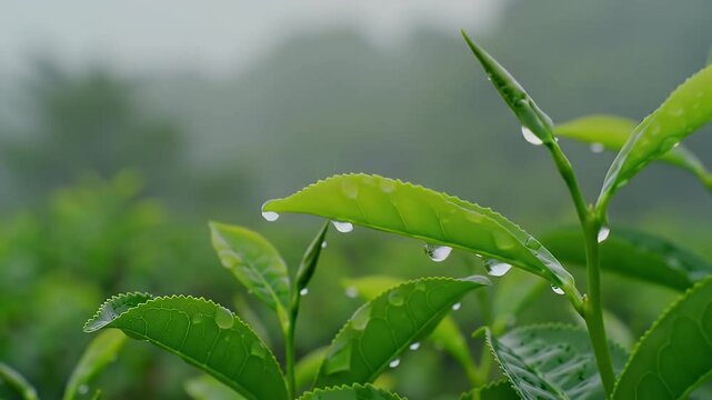 Raindrops Falling on Green Leaves Close-Up Nature