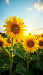 Obraz premium A field of sunflowers glistening with morning dew, sunlight catching each petal, creating a sparkling effect Vibrant yellow petals against a soft blue sky , light, yellow, growth