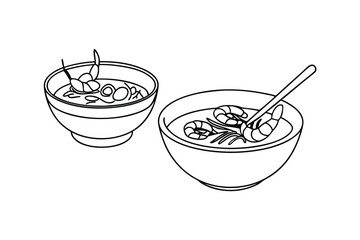 Two Bowls Of Shrimp Soup Line Art Illustration Style Vector Design