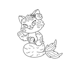 Preschool coloring page with beautiful mermaid cat. Kawaii mermaid kitten for coloring book. Fantastic sea character line art