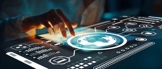 Futuristic Hand Interacting with Digital Interface Displaying Data, Graphs, and Global Network Connections in a Technology Environment