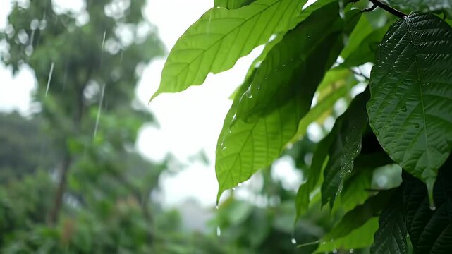 Raindrops Wetting Green Leaves Close-Up Rain Nature