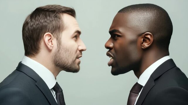 Two businessmen confronting each other face to face