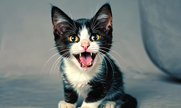 Playful black and white kitten meowing energetically on a soft gray background