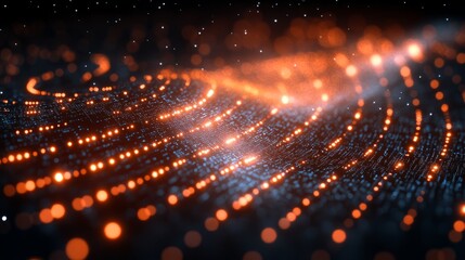 Obraz premium Galactic data stream: An artistic visualization depicts the movement of data through a network of glowing dots, simulating the intricate pathways of information in a cosmic setting. 