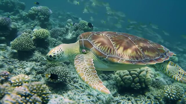 Sea Turtle Swimming Near Coral Reef Underwater Marine Life