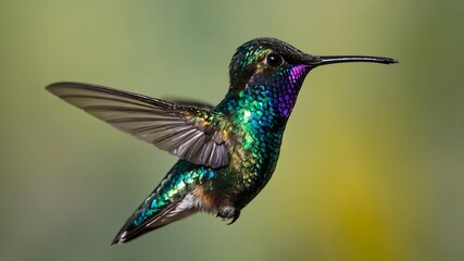 Obraz premium Extreme close-up of a Horned Sungem hummingbird, iridescent throat sparkling in direct sunlight. Macro wildlife shot.