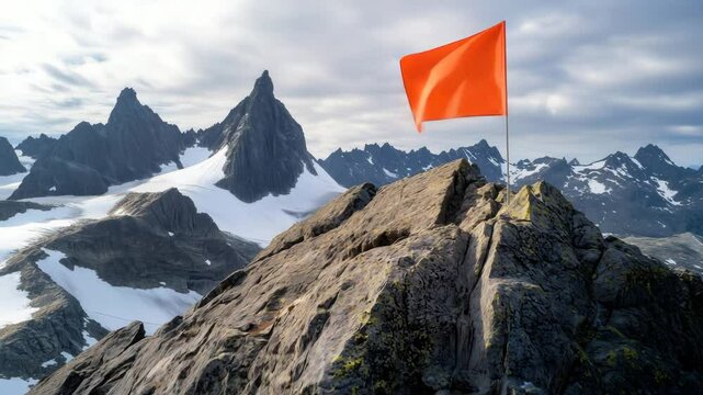 Orange flag waving on mountain peak: achievement and success in majestic landscape