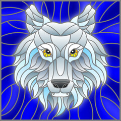 The illustration in stained glass style painting with a white polar wolf head , on blue  background, square image