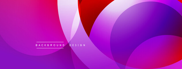 Abstract gradient background. Overlapping circles create dynamic visual effect. Purple, pink, red hues dominate composition. Modern design element.