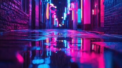 Obraz premium Luminous alleyway scene with vibrant neon colors reflecting in rainwater