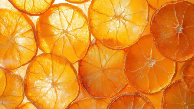 Backlit dried orange slices creating vibrant citrus background