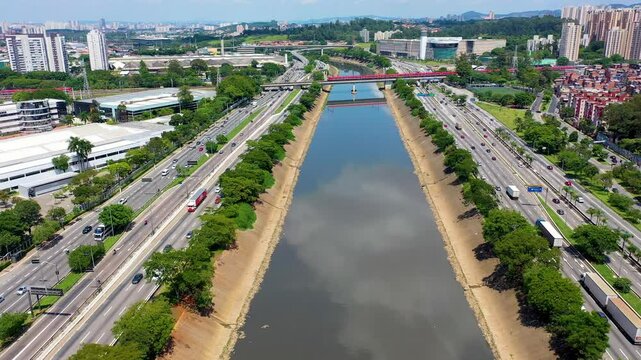 Marginal Tiete In Sao Paulo Brazil. Stunning Landscape Of Highway Road Viewed From Above. Business Sky Downtown Cityscape. Outside Downtown Panorama. Sao Paulo Brazil.