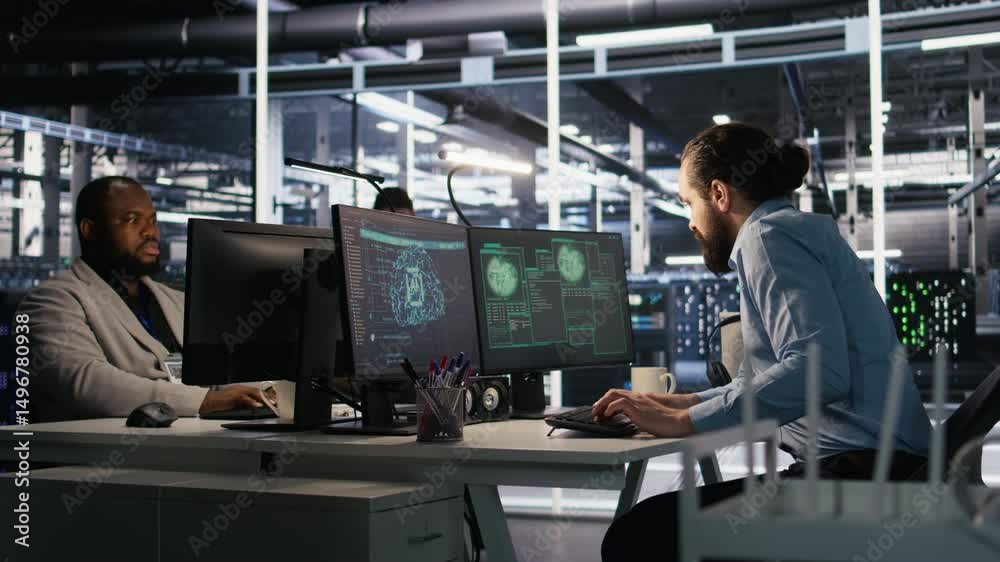 Poster engineer in server room responding to sudden ransomware detection on monitor, requesting help from m